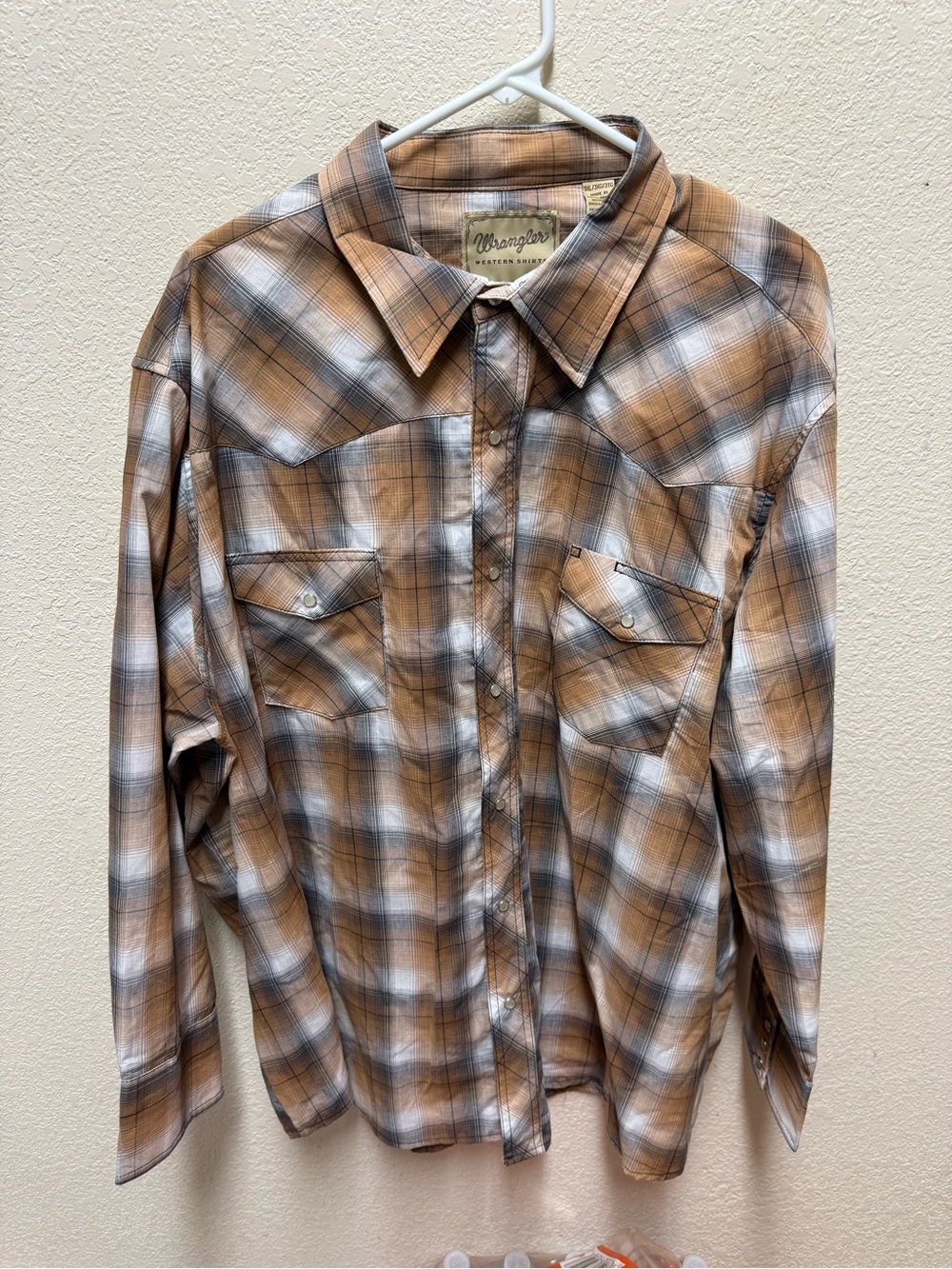 Wrangler Men's Brown and White Plaid Snap Western Shirt 70s Vintage Sz 3XL